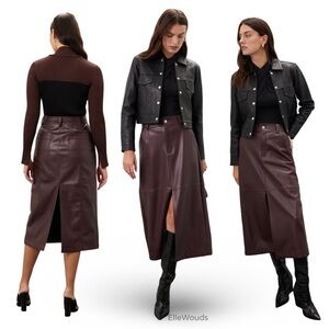 Saunders x RTR Burgundy Leather Midi Skirt Size 8